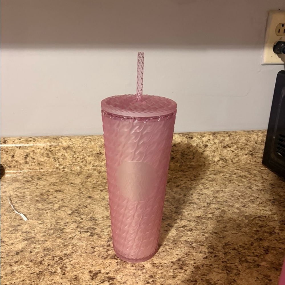 Pink Textured Starbucks Tumbler with Strawberries